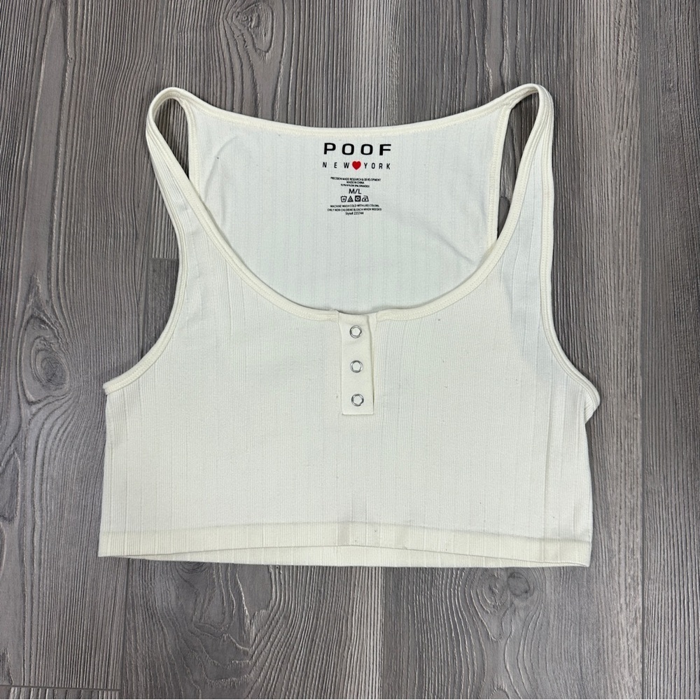 Poof New York Cream Ribbed Stretchy Henley Cropped Tank Top - M/L